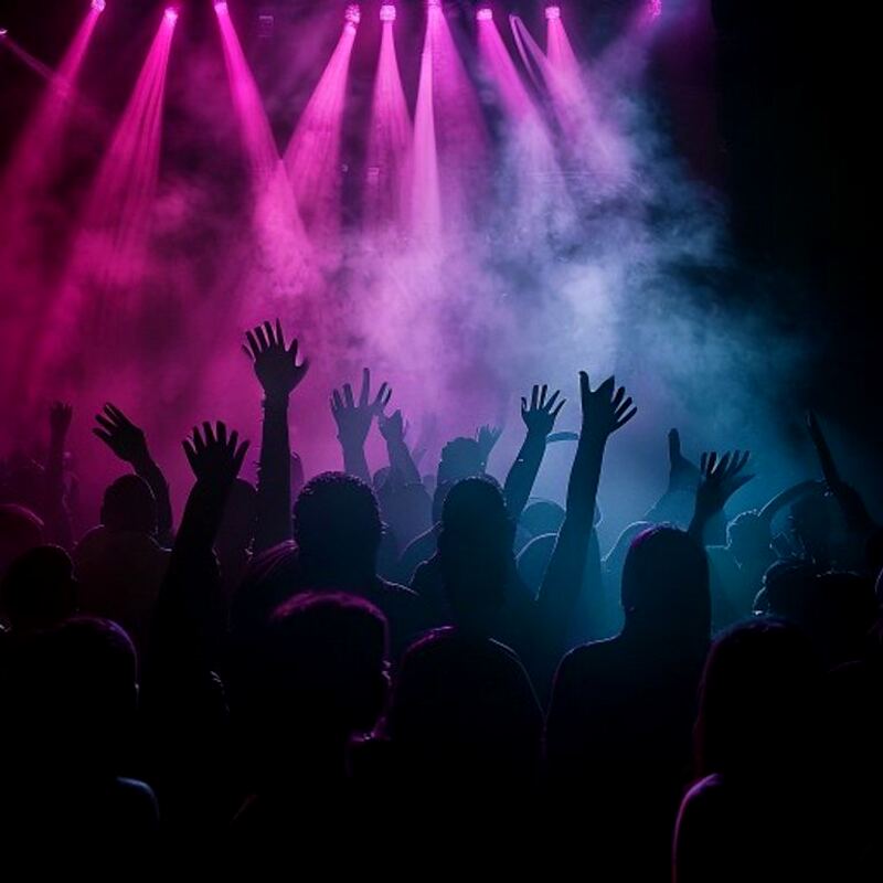 Silhouetted crowd with hands raised on a packed dance floor