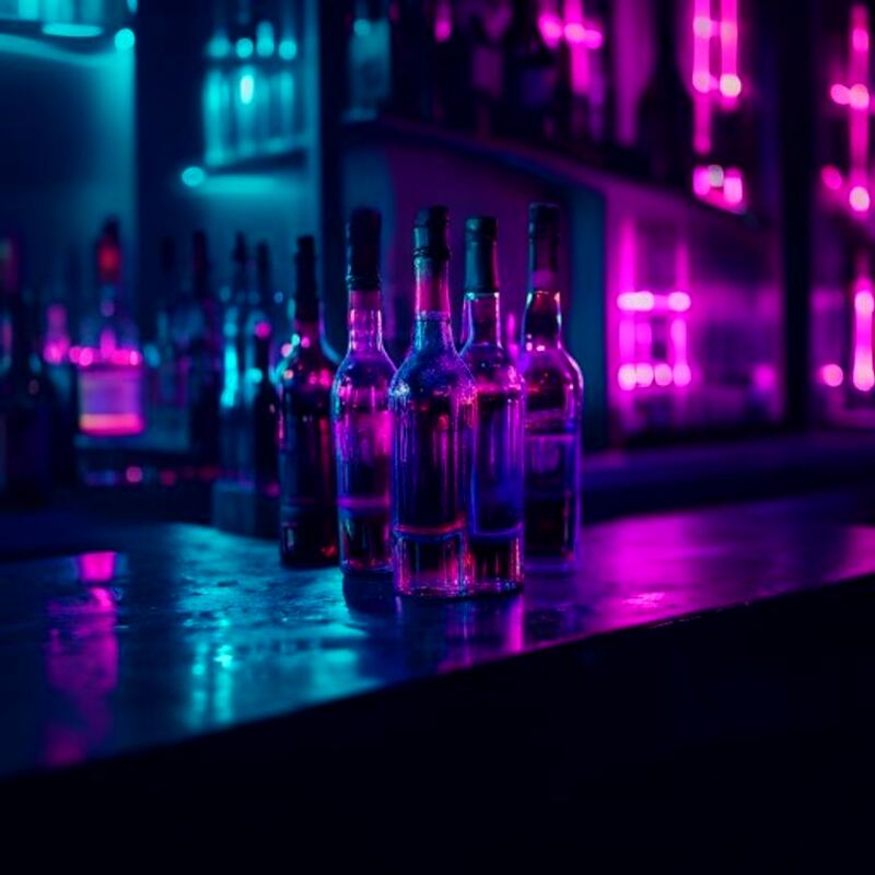 Backlit bar bottles bathed in neon at a late-night venue