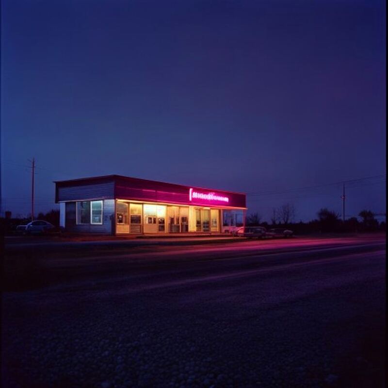 Roadside nightlife venue at dusk with a glowing pink-lit sign
