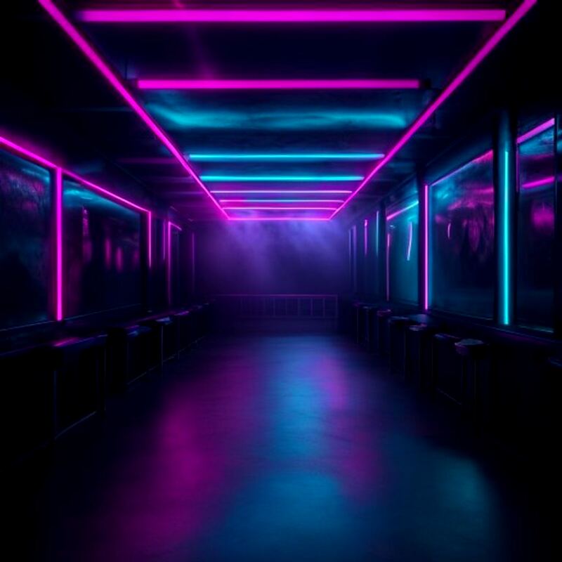 Empty neon-lit corridor with pink and cyan tube lighting