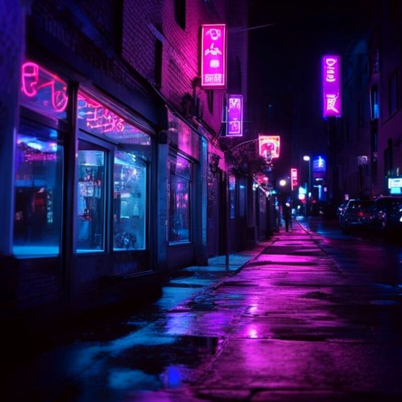 Wet city sidewalk reflecting magenta and cyan neon signs after midnight